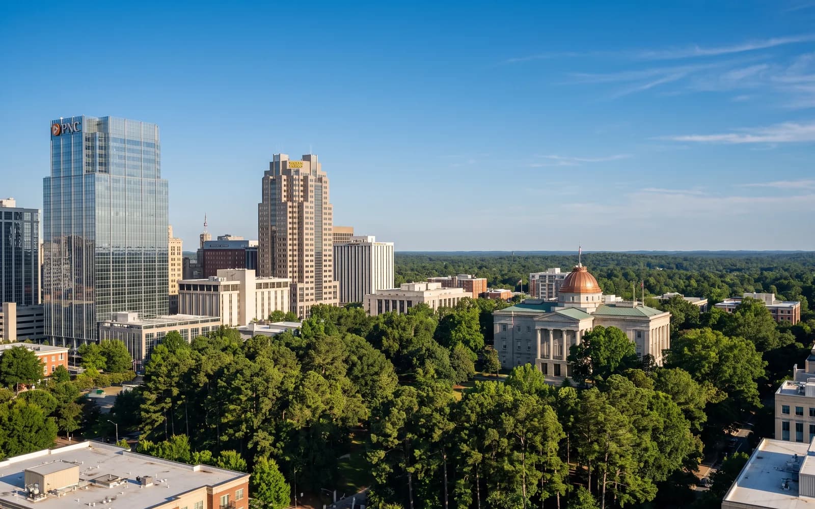 The Raleigh skyline in clear daytime light
